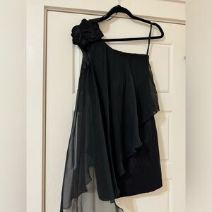 Cache Black One Shoulder Cocktail Mini Dress with Flower on Shoulder. Size 8.